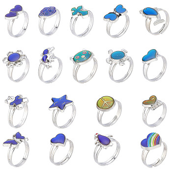 CHGCRAFT 18Pcs 18 Style Mood Rings Set, Animal Theme Epoxy Adjustable Rings, Temperature Change Color Emotion Feeling Rings for Kid, Colorful, US Size 7 1/4(17.5mm), 1pc/style