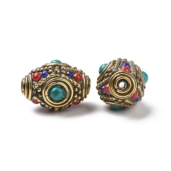 Handmade Tibetan Style Beads, with Brass Findings and Synthetic Turquoise, Oval, Antique Golden, Dark Cyan, 21.5x16mm, Hole: 2mm