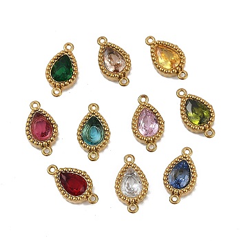 Ion Plating(IP) 304 Stainless Steel Cubic Zirconia Teardrop Links Connector Charms, Real 18K Gold Plated, Mixed Color, 12.5x6.5x2.5mm, Hole: 0.8mm