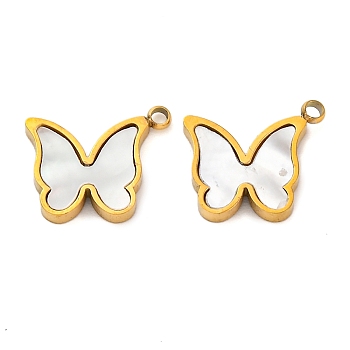 Ion Plating(IP) 304 Stainless Steel Pave Natural Shell Charms, Real 18K Gold Plated, Butterfly, 10x12x2mm, Hole: 1mm