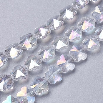 Electroplate Glass Beads Strands, Faceted, Flower, AB Color Plated, Clear, 9.5~10x6~6.5mm, Hole: 1mm, about 25pcs/strand, 9.25 inch(23.5cm)