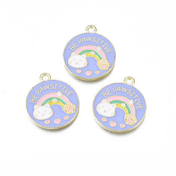 Alloy Enamel Pendants, Cadmium Free & Lead Free, Flat Round with Cat with Rainbow, Pink, 23x20x1.5mm, Hole: 1.8mm