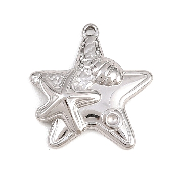 304 Stainless Steel Pendants, Starfish with Shell Shape Charms, Stainless Steel Color, 19x18x3mm, Hole: 1.2mm, Fit for:1.2mm