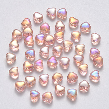 Transparent Spray Painted Glass Beads, AB Color Plated, Heart, PeachPuff, 6x6x4mm, Hole: 0.7mm