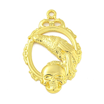 304 Stainless Steel Pendants, Oval with Skull & Bird Charm, Real 18K Gold Plated, 49.5x32x3mm, Hole: 2.5mm