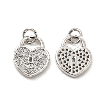 Brass Micro Pave Clear Cubic Zirconia Charms, with Jump Ring, Heart Lock Charm, Platinum, 13.5x11x2mm, Hole: 3.5mm
