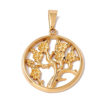 Vacuum Plating 304 Stainless Steel Pendants, Flat Round with Plum Bossom Flower Charm, Golden, 36x32x3mm, Hole: 10x4.5mm