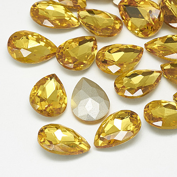 Pointed Back Glass Rhinestone Cabochons, Back Plated, Faceted, teardrop, Topaz, 18x13x5mm