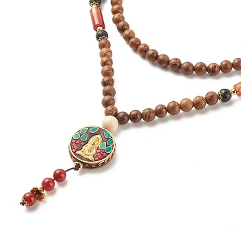 Buddhist Necklace, Flat Round with Guan Yin Pendant Necklace, Mixed Gemstone Jewelry for Women, Coconut Brown, 36.22 inch(92cm)