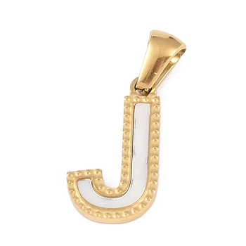Natural White Shell Alphabet Pendants, Ion Plating(IP) Real 18K Gold Plated 304 Stainless Steel Charms, Letter J, 17x9.5x1.5mm, Hole: 5x3mm