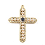 Brass Micro Pave Cubic Zirconia Pendants, Corss Charms, with ABS Plastic Beads, Lead Free & Cadmium Free, Long-Lasting Plated, Real 18K Gold Plated, 35x24.5x2.5mm, Hole: 1.6mm(KK-L228-29G)