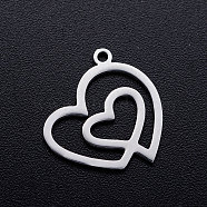 201 Stainless Steel Filigree Charms, Heart with Heart, Stainless Steel Color, 14x15x1mm, Hole: 1.2mm(STAS-T046-JN251-1)