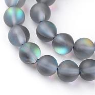 Synthetic Moonstone Beads Strands, Holographic Beads, Dyed, Frosted, Round, Gray, 8mm, Hole: 1mm, about 45~47pcs/strand, 14~15 inch(G-R375-8mm-A03)