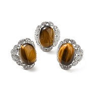 Natural Tiger Eye Adjustable Rings, Platinum Tone Oval Brass Rings for Women, Cadmium Free & Lead Free, US Size 7 3/4(17.9mm), 3.5~5mm(RJEW-P043-04P-26)