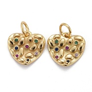 Brass Micro Pave Colorful Cubic Zirconia Charms, Long-Lasting Plated, Heart, Real 18K Gold Plated, 12x12x2mm, Hole: 3mm(KK-P192-06G)