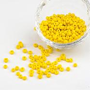 6/0 Opaque Colours Round Glass Seed Beads, Yellow, Size: about 4mm in diameter, hole:1.5mm, about 495pcs/50g(X-SEED-A010-4mm-42)