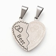 304 Stainless Steel Split Pendants, Heart with Word Best Friends, Stainless Steel Color, 27.5x26.5x2.5mm, Hole: 5x10mm(STAS-F168-15P)