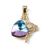 Real 18K Gold Plated Rack Plating Brass Micro Pave Clear Cubic Zirconia Pendants, with Glass, Long-Lasting Plated, Cadmium Free & Lead Free, Flamingo with Heart Charm, Medium Purple, 24x19x8mm, Hole: 3.5x5mm(KK-C015-33G-11)