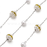 Handmade ABS Imitation Pearl & Rhinestone Round Chains, for Necklaces Bracelets Making, with 304 Stainless Steel Chains, Soldered, with Spool, Yellow, Link: 2.5x0.8x0.3mm, about 16.40 Feet(5m)/Roll(CHS-L028-03P-01)