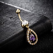 Piercing Jewelry, Brass Cubic Zirconia Navel Ring, Belly Rings, with 304 Stainless Steel Bar, Cadmium Free & Lead Free, Real 18K Gold Plated, teardrop, Purple, 43x12mm, Bar Length: 3/8"(10mm), Bar: 14 Gauge(1.6mm)(AJEW-EE0003-10C)