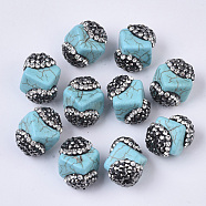 Synthetic Turquoise Beads, with Polymer Clay Rhinestones, Cube, Turquoise, 17x15x13.5mm, Hole: 1mm, PP12(1.8~1.9mm)(TURQ-T003-01A-01)