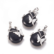 Natural Black Obsidian Pendants, with Enamel and Brass Findings, teardrop, with Butterfly, Platinum, 30x23.5x12mm, Hole: 10x6mm(X-G-K296-B01)