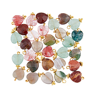 30Pcs 5 Styles Natural & Synthetic Gemstone Charms, Natural Red Rainbow Jasper & Indian Agate & Green Aventurine & Grey Agate, Cherry Quartz Glass, with Brass Loops, Faceted Heart, Golden, 15x10x5mm, Hole: 1.6mm, 6pcs/style(FIND-DC0002-31)