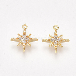 Brass Cubic Zirconia Charms, Star, Clear, Nickel Free, Real 18K Gold Plated, 11x9.5x1.5mm, Hole: 0.8mm(X-KK-S350-281)