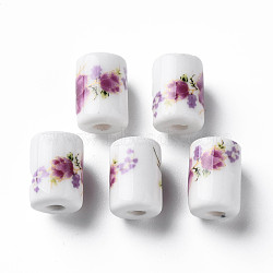 Handmade Porcelain Beads, Famille Rose Style, Column with Flower Pattern, Dark Orchid, 12.5x8.5mm, Hole: 3mm(PORC-T007-13)