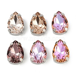 Brass Glass Rhinestone Sew on Rhinestones, Faceted, Teardrop, Mixed Color, Platinum, 14x10x7mm, Hole: 1.2mm(RGLA-B004-07A-P)