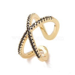 Cubic Zirconia Criss Cross Open Cuff Ring, Golden Brass Jewelry for Women, Black, US Size 7 1/4(17.5mm)(RJEW-C101-13G-F)