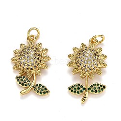 Brass Micro Pave Cubic Zirconia Pendants, Long-Lasting Plated, with Jump Ring, Sunflower, Real 18K Gold Plated, 25x14x6.5mm, Jump Ring: 5x1mm, Hole: 3mm(ZIRC-L100-039G)