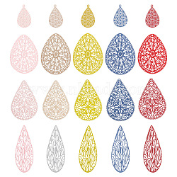 ARRICRAFT 40Pcs 20 Styles 430 Stainless Steel Filigree Pendants, Spray Painted, Etched Metal Embellishments, Teardrop, Mixed Color, 23~45x14~28x0.5mm, Hole: 1~1.5mm, 2pcs/style(STAS-AR0001-95)