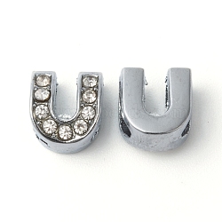 Platinum Color Letter U Alloy Rhinestone Initial Slide Charms, about 9mm wide, 10mm long, 6.5mm thick, hole: 3.5x7mm(X-ZP12-U)