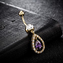 Piercing Jewelry, Brass Cubic Zirconia Navel Ring, Belly Rings, with 304 Stainless Steel Bar, Cadmium Free & Lead Free, Real 18K Gold Plated, teardrop, Purple, 43x12mm, Bar Length: 3/8"(10mm), Bar: 14 Gauge(1.6mm)(AJEW-EE0003-10C)