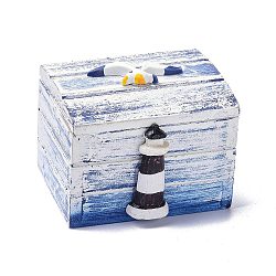 Wood Box, Flip Cover Box, with Resin Lighthouse, Rectangle, Mixed Color, 6.1x7.5x6.4cm(CON-K013-02)