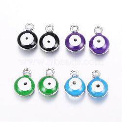 304 Stainless Steel Enamel Charms, Flat Round with Evil Eye, Stainless Steel Color, Mixed Color, 8.5x6x4mm, Hole: 1mm(STAS-G122-24)