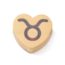 304 Stainless Steel Beads, Heart with Constellation Pattern, Golden, Taurus, 7.5x8x3mm, Hole: 2mm(STAS-C060-01B-G)