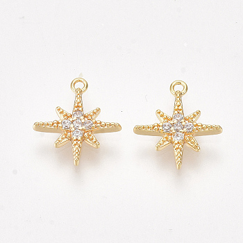 Brass Cubic Zirconia Charms, Star, Clear, Nickel Free, Real 18K Gold Plated, 11x9.5x1.5mm, Hole: 0.8mm