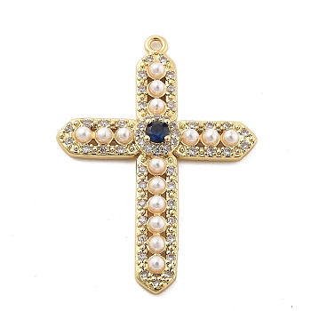 Brass Micro Pave Cubic Zirconia Pendants, Corss Charms, with ABS Plastic Beads, Lead Free & Cadmium Free, Long-Lasting Plated, Real 18K Gold Plated, 35x24.5x2.5mm, Hole: 1.6mm