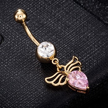Brass Cubic Zirconia Navel Ring, Belly Rings, with 304 Stainless Steel Bar, Cadmium Free & Lead Free, Real 18K Gold Plated, Angel's Wing, Pink, 41x16mm, Bar: 15 Gauge(1.5mm), Bar Length: 3/8"(10mm)