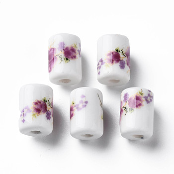 Handmade Porcelain Beads, Famille Rose Style, Column with Flower Pattern, Dark Orchid, 12.5x8.5mm, Hole: 3mm