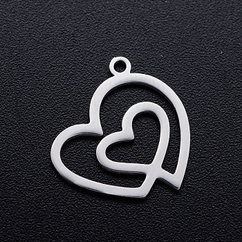 201 Stainless Steel Filigree Charms, Heart with Heart, Stainless Steel Color, 14x15x1mm, Hole: 1.2mm