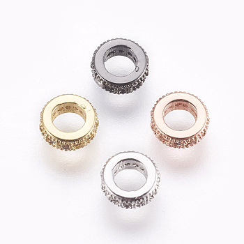 Brass Micro Pave Cubic Zirconia Beads, Lead Free & Cadmium Free, Flat Round, Clear, Mixed Color, 6x2mm, Hole: 3mm