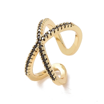 Cubic Zirconia Criss Cross Open Cuff Ring, Golden Brass Jewelry for Women, Black, US Size 7 1/4(17.5mm)