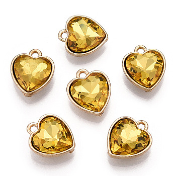 Faceted Glass Rhinestone Pendants, with Golden Tone Zinc Alloy Findings, Heart Charms, Goldenrod, 16.5x14x6.5mm, Hole: 1.6mm