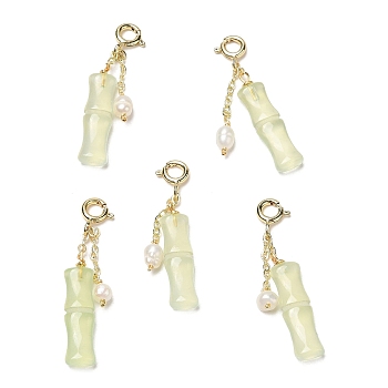Natural Agate Bamboo Joint Pendant Decorations, with Pearl Beads and Brass Spring Ring Clasps, Real 14K Gold Plated, 34~36mm