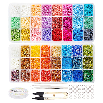 DIY Stretch Bracelets Making Kits, with Glass Seed Beads, Elastic Crystal Thread, Stainless Steel Tweezers & Big Eye Beading Needles, Sharp Steel Scissors, Mixed Color, 2mm, Hole: 1mm, 36g