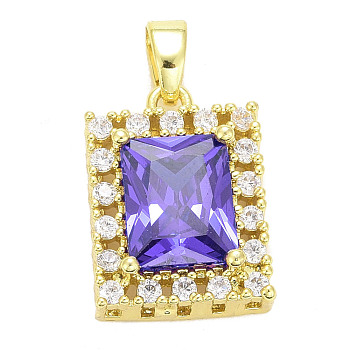 Brass Micro Pave Cubic Zirconia Pendants, Long-Lasting Plated, Real 18K Gold Plated, Rectangle
, Medium Purple, 16x12x6mm, Hole: 5x3mm