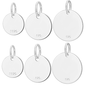6Pcs 3 Size 925 Sterling Silver Pendants, Flat Round Charms, with Jump Rings with 925 Stamp, Silver, 8~12x0.6mm, Hole: 2~3mm, 2Pcs/size